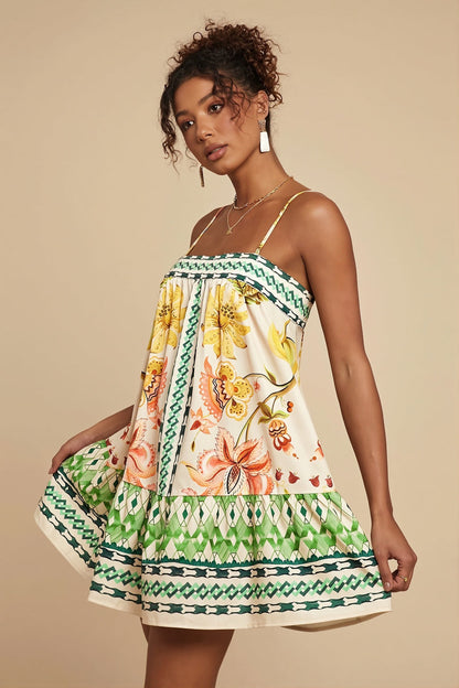 Palm Bird Print Loose Fit Cami Mini Dress