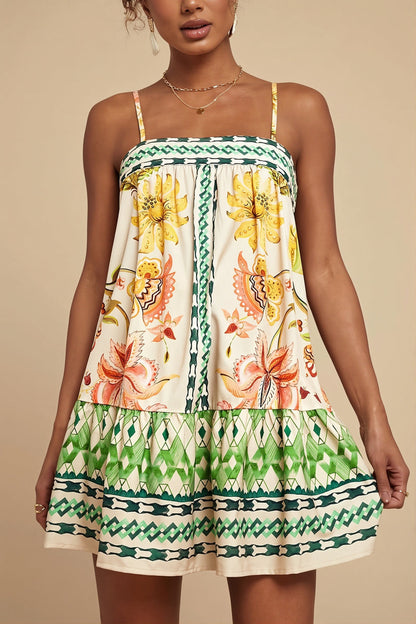Palm Bird Print Loose Fit Cami Mini Dress