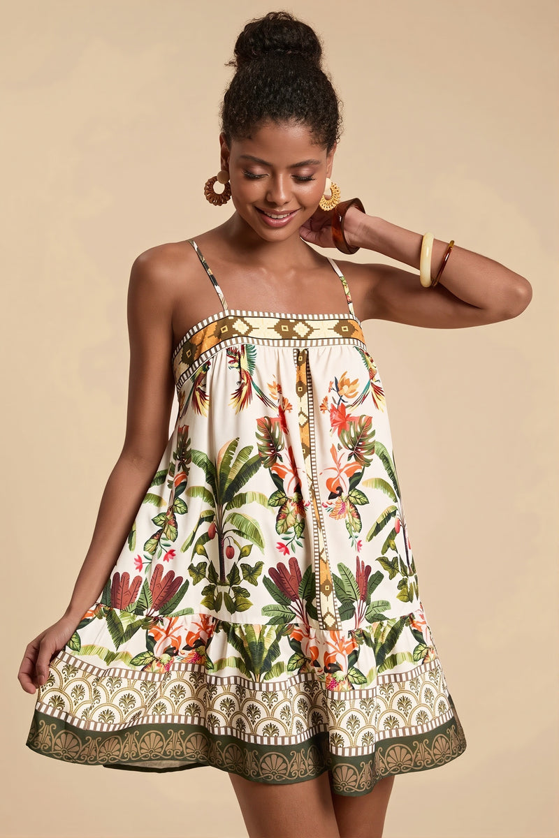 Palm Bird Print Loose Fit Cami Mini Dress