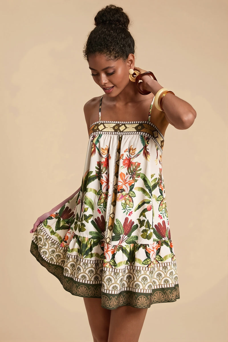 Palm Bird Print Loose Fit Cami Mini Dress