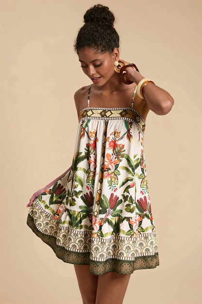 Palm Bird Print Loose Fit Cami Mini Dress