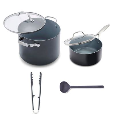 Set of gray cookware with lids, tongs, and ladle on a white background