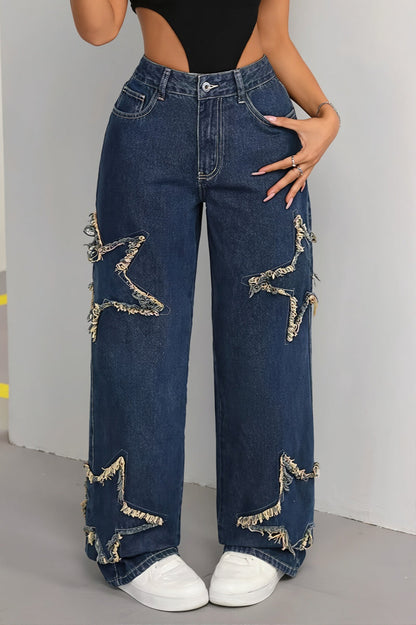 Patch Star Fringe Raw Hem Loose Straight Jeans
