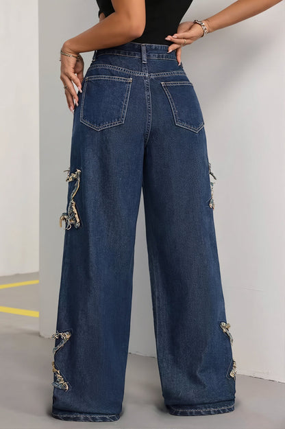 Patch Star Fringe Raw Hem Loose Straight Jeans