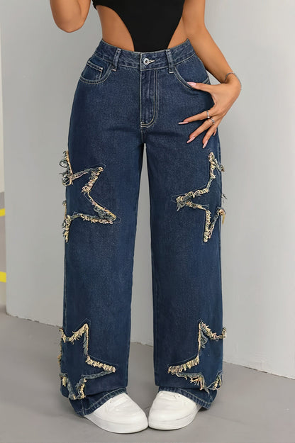 Patch Star Fringe Raw Hem Loose Straight Jeans