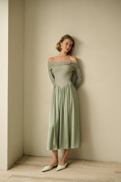 Patchwork off-shoulder maxi dress