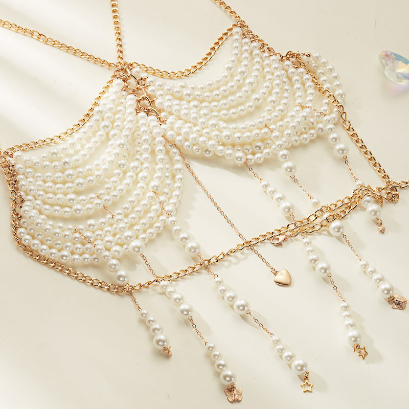 Pearl Beaded Tassel Halter Body Chain