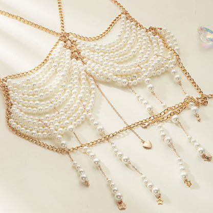 Pearl Beaded Tassel Halter Body Chain