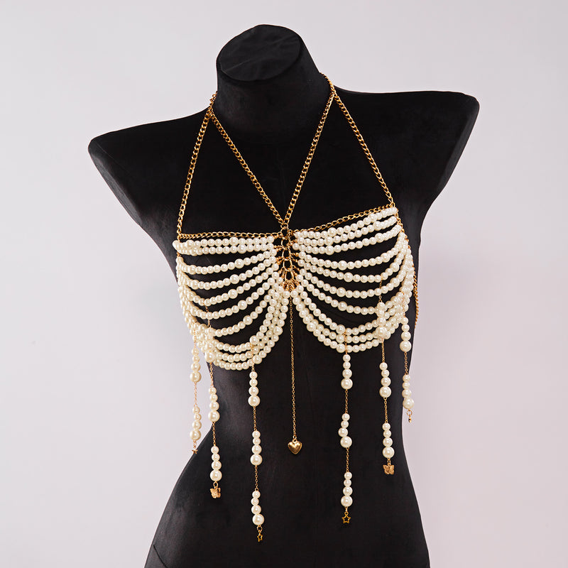 Pearl Beaded Tassel Halter Body Chain