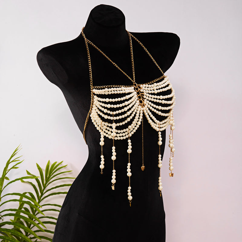 Pearl Beaded Tassel Halter Body Chain