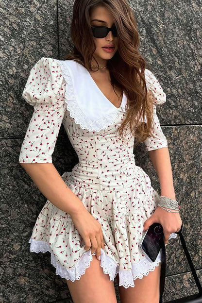 Peter Pan Collar Short Sleeve Floral Mini Dress