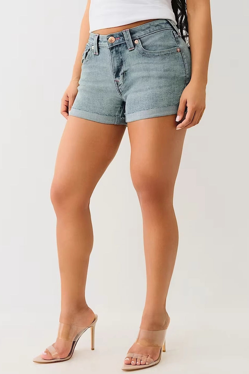 Pink Embroidered Low Rise Denim Shorts
