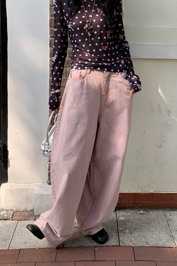 Pink Heart Pocket Loose Wide Leg Jeans