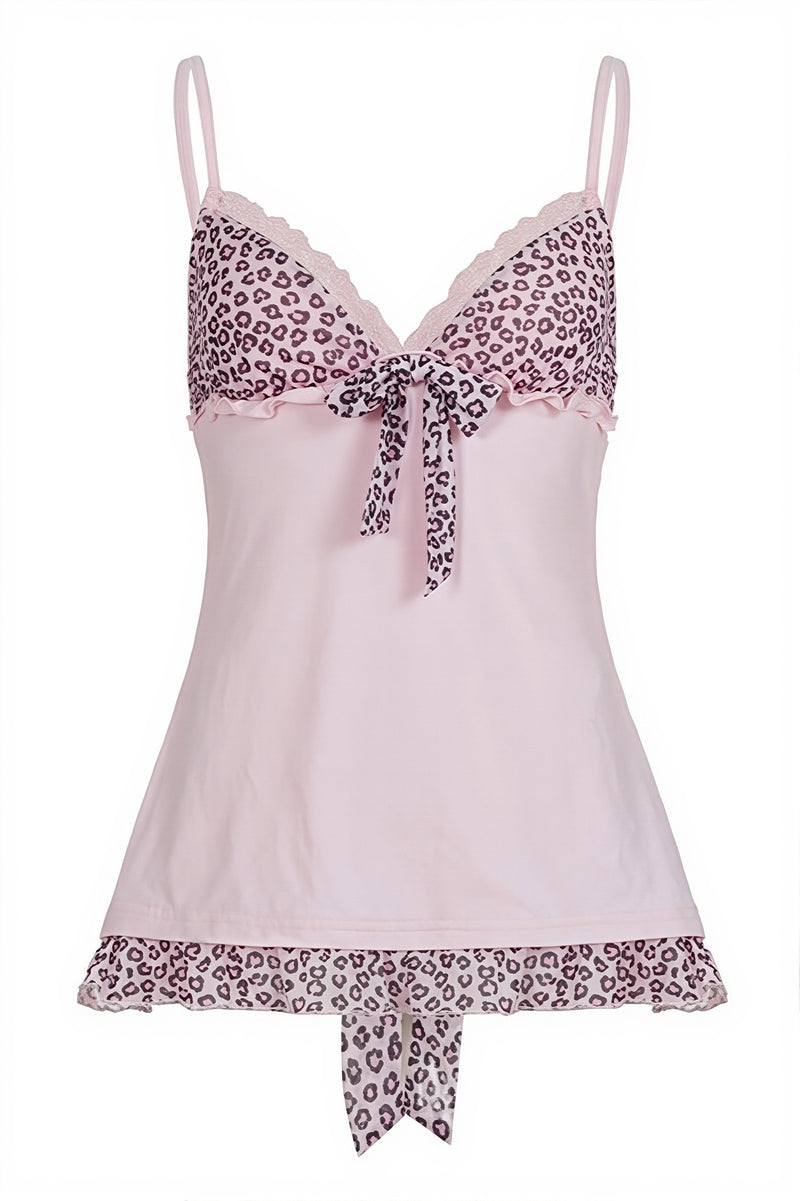 Pink Leopard Mesh Splice Tie Cami Top