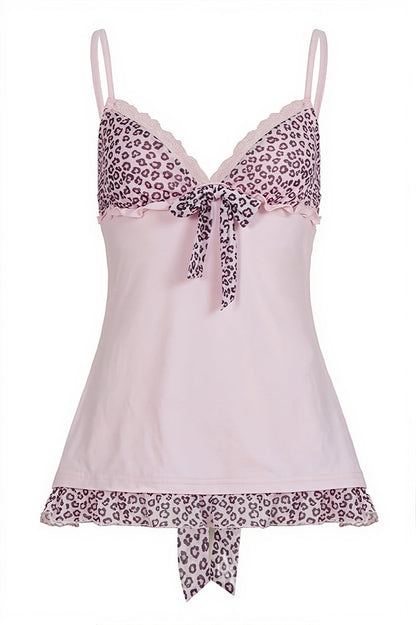 Pink Leopard Mesh Splice Tie Cami Top