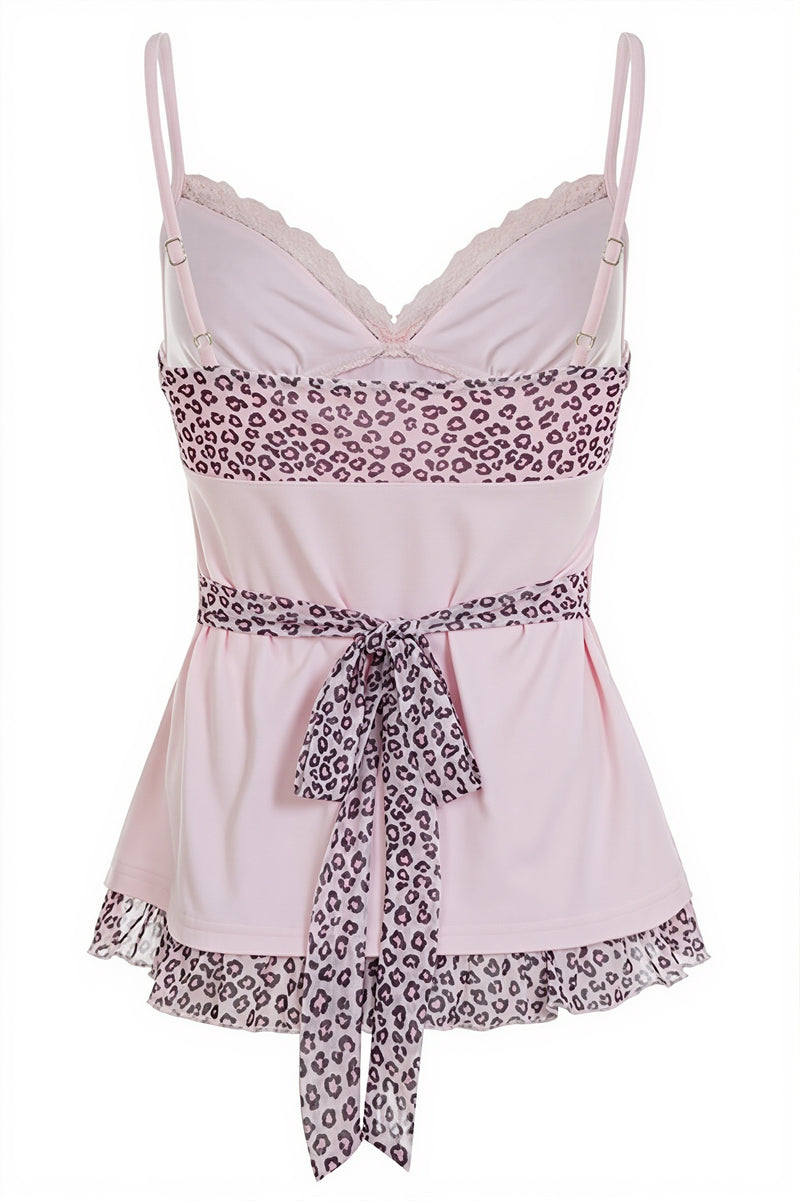 Pink Leopard Mesh Splice Tie Cami Top