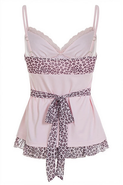 Pink Leopard Mesh Splice Tie Cami Top