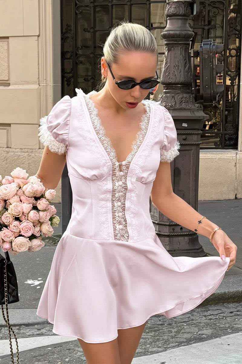 Pink Satin Lace Puff Sleeve Mini Dress