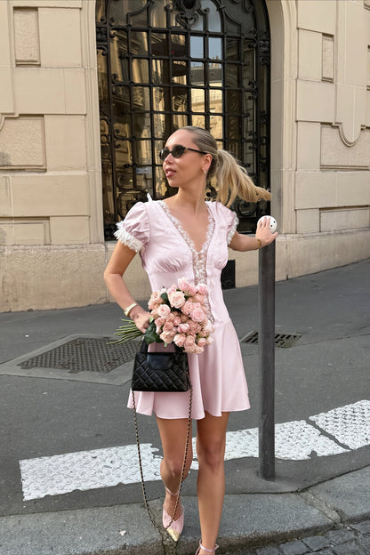 Pink Satin Lace Puff Sleeve Mini Dress
