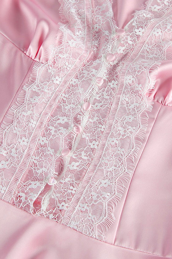 Pink Satin Lace Puff Sleeve Mini Dress
