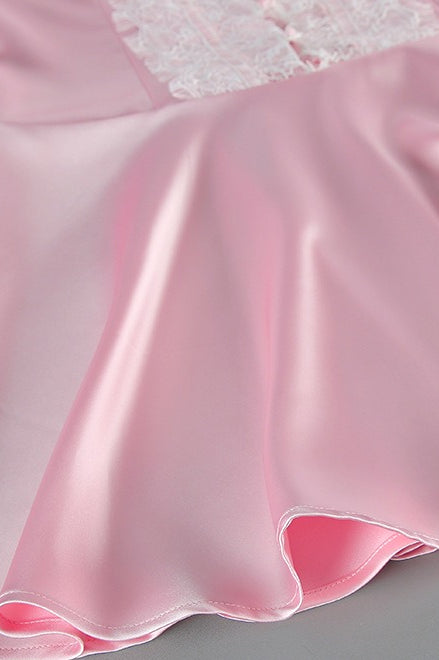 Pink Satin Lace Puff Sleeve Mini Dress