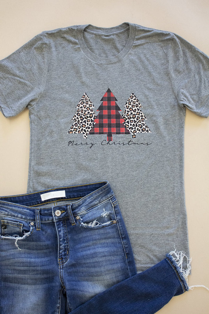 Plaid And Animal Print Trees Grey Graphic Tee