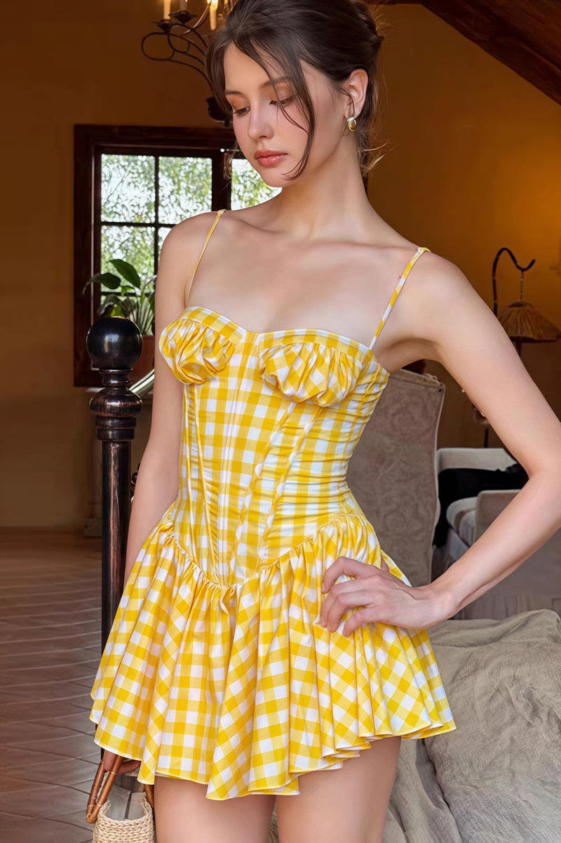 Plaid Bandeau Flared Waist Mini Dress