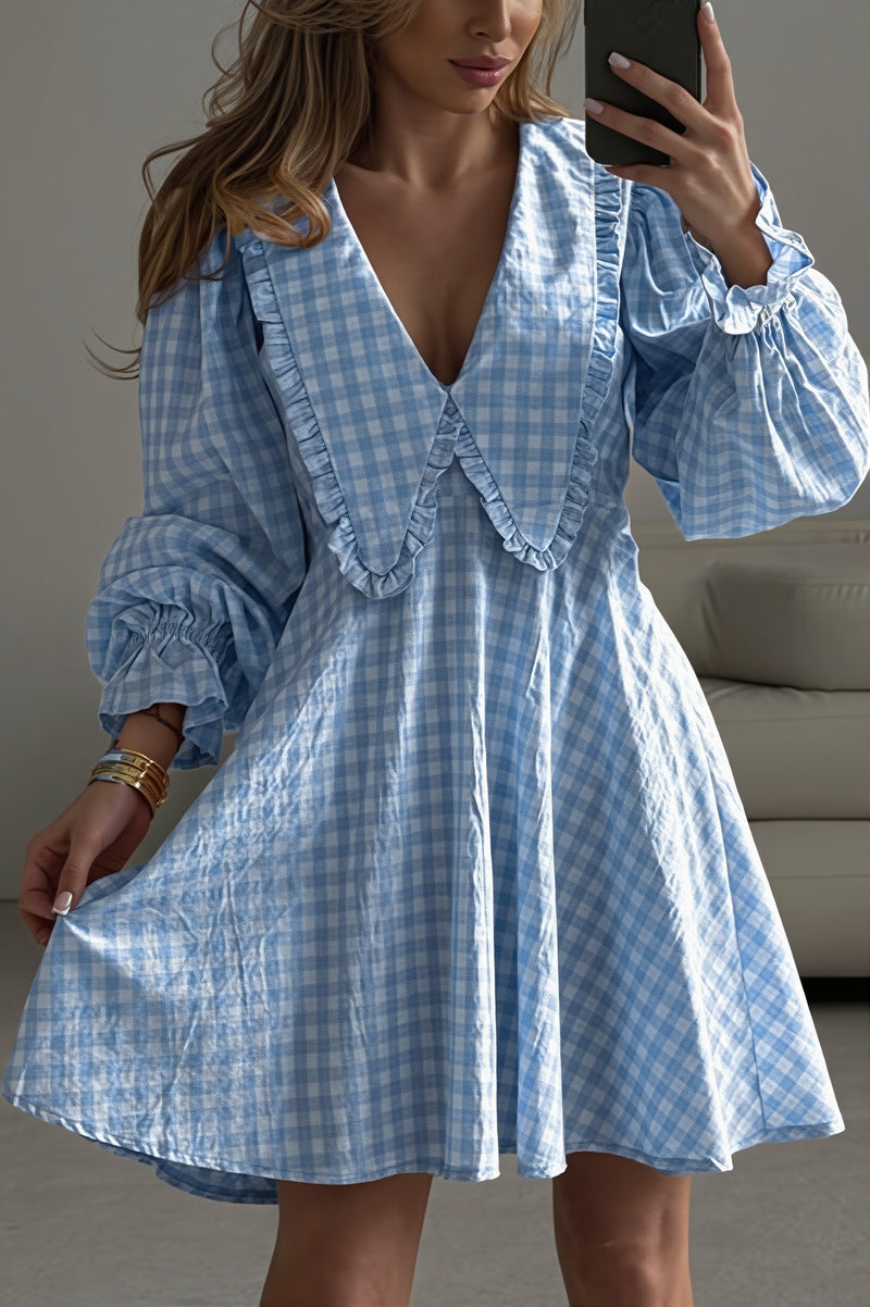 Plaid Bow Collar Ruffle Sleeve Mini Dress