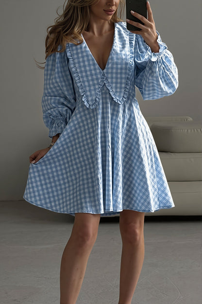Plaid Bow Collar Ruffle Sleeve Mini Dress
