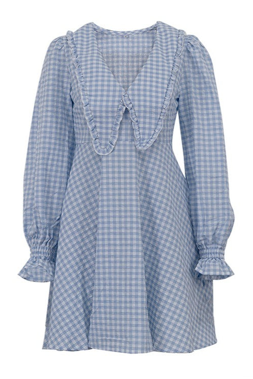 Plaid Bow Collar Ruffle Sleeve Mini Dress