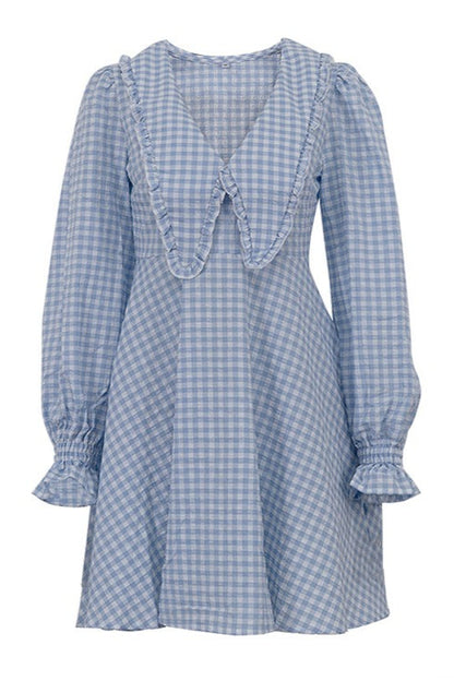 Plaid Bow Collar Ruffle Sleeve Mini Dress