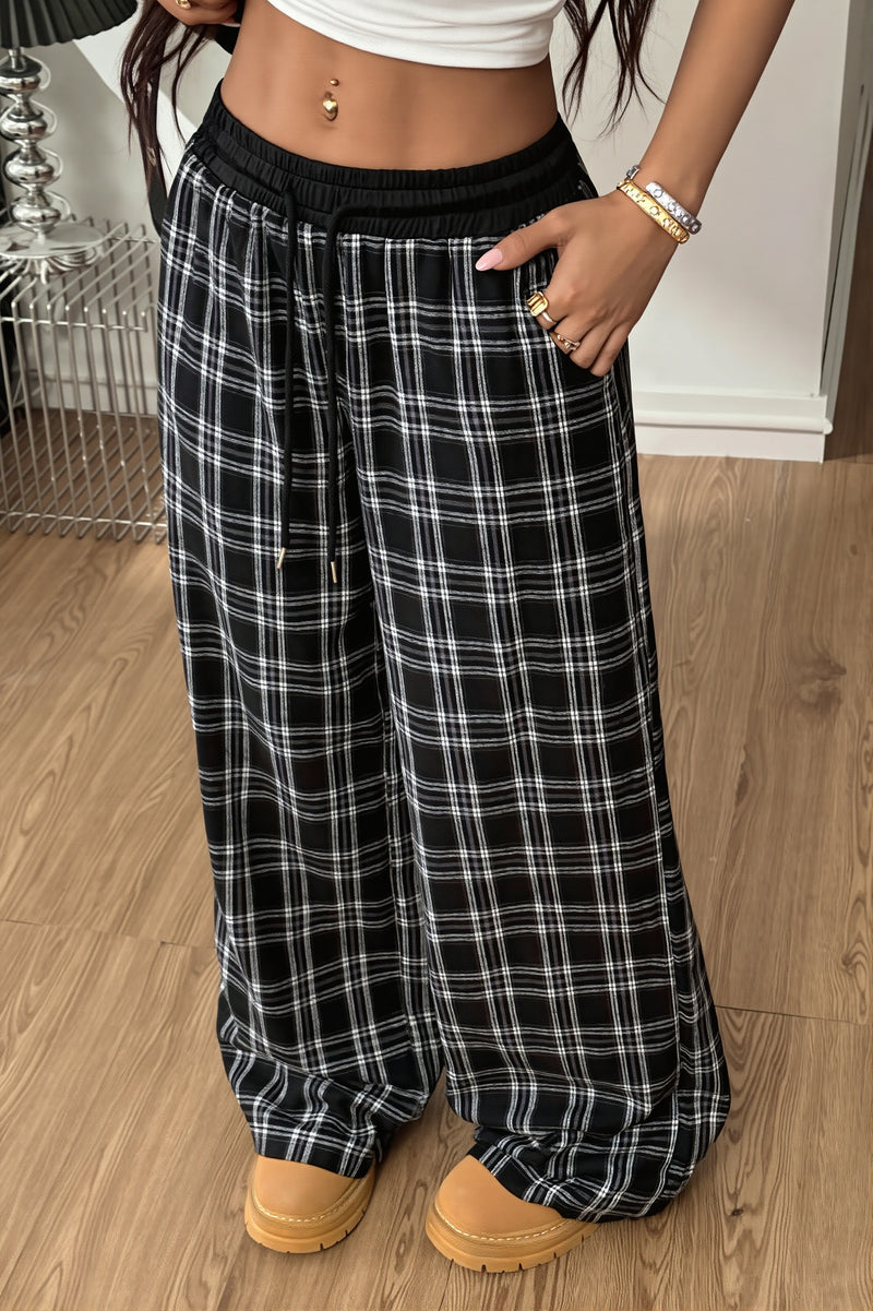 Plaid Drawstring Wide Leg Pants