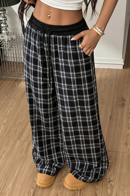 Plaid Drawstring Wide Leg Pants