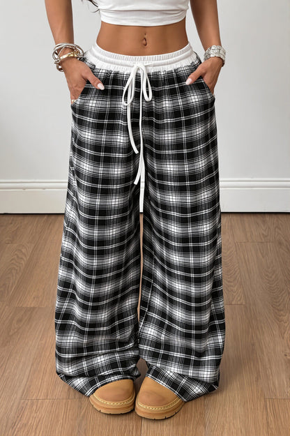 Plaid Drawstring Wide Leg Pants