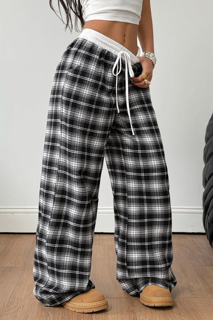 Plaid Drawstring Wide Leg Pants