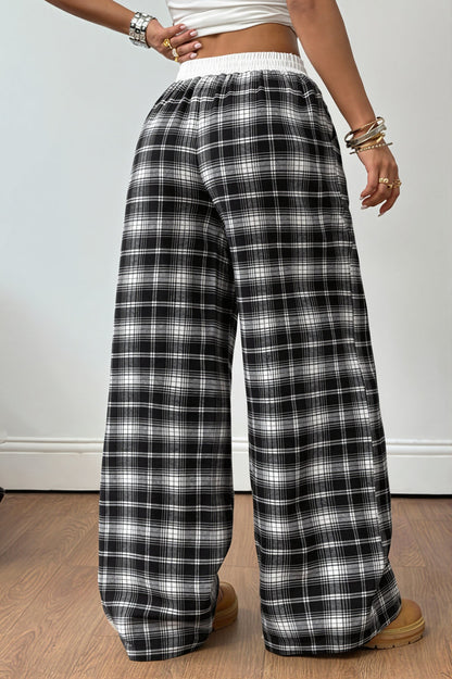 Plaid Drawstring Wide Leg Pants