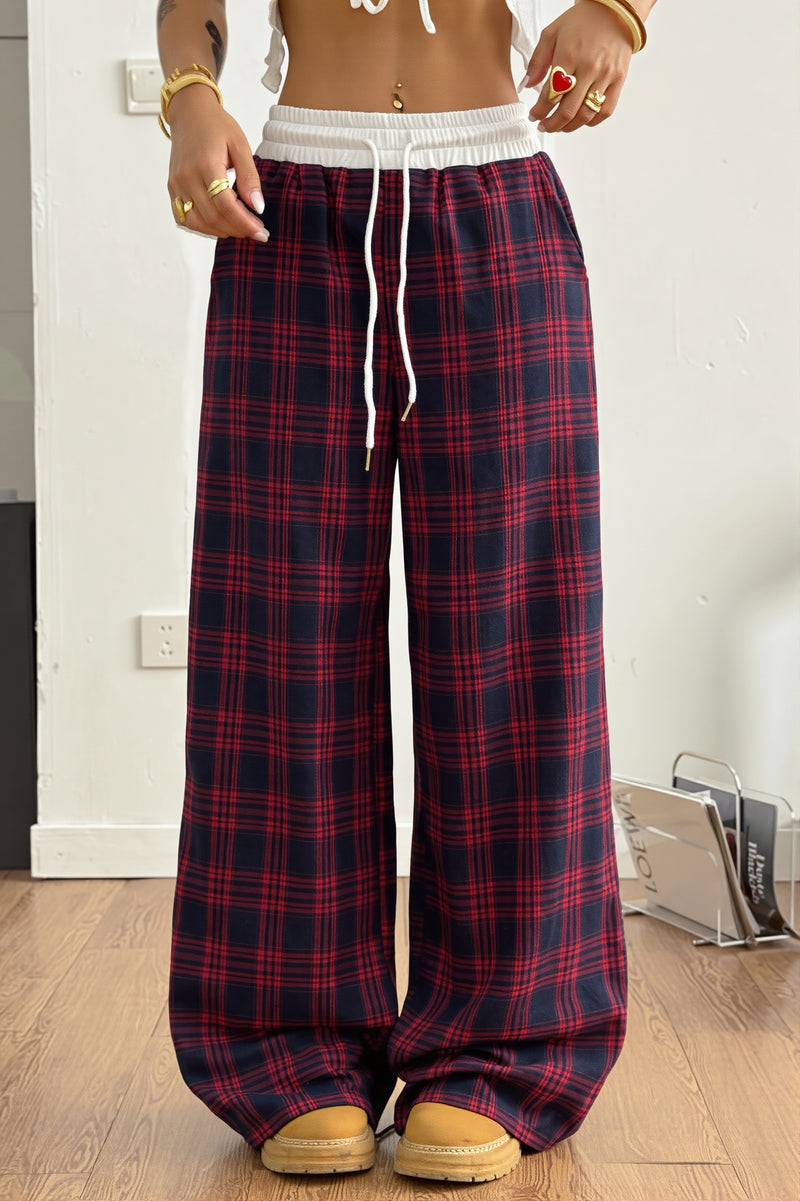 Plaid Drawstring Wide Leg Pants