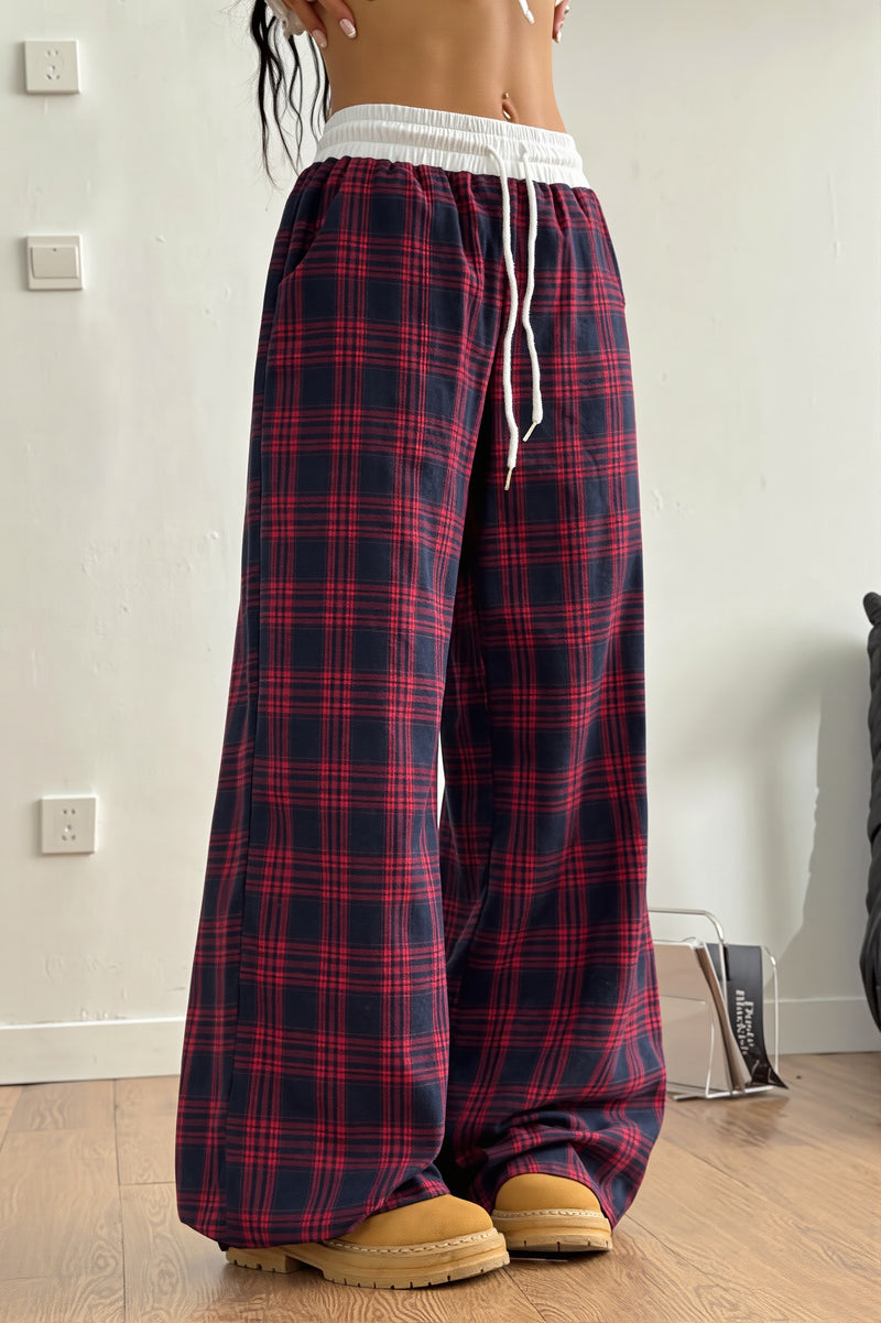 Plaid Drawstring Wide Leg Pants
