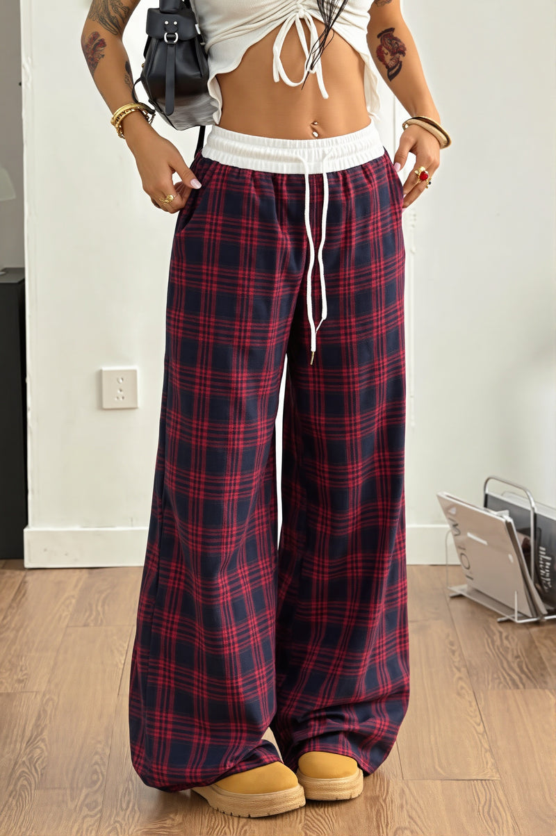 Plaid Drawstring Wide Leg Pants