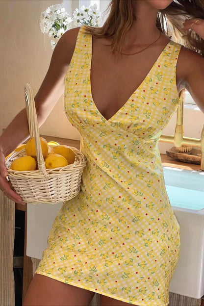 Plaid Floral Print V Neck A Line Mini Dress