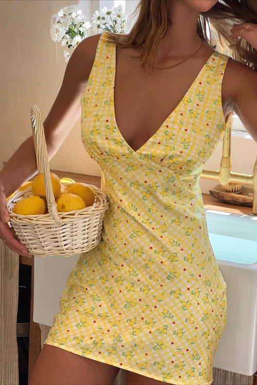 Plaid Floral Print V Neck A Line Mini Dress