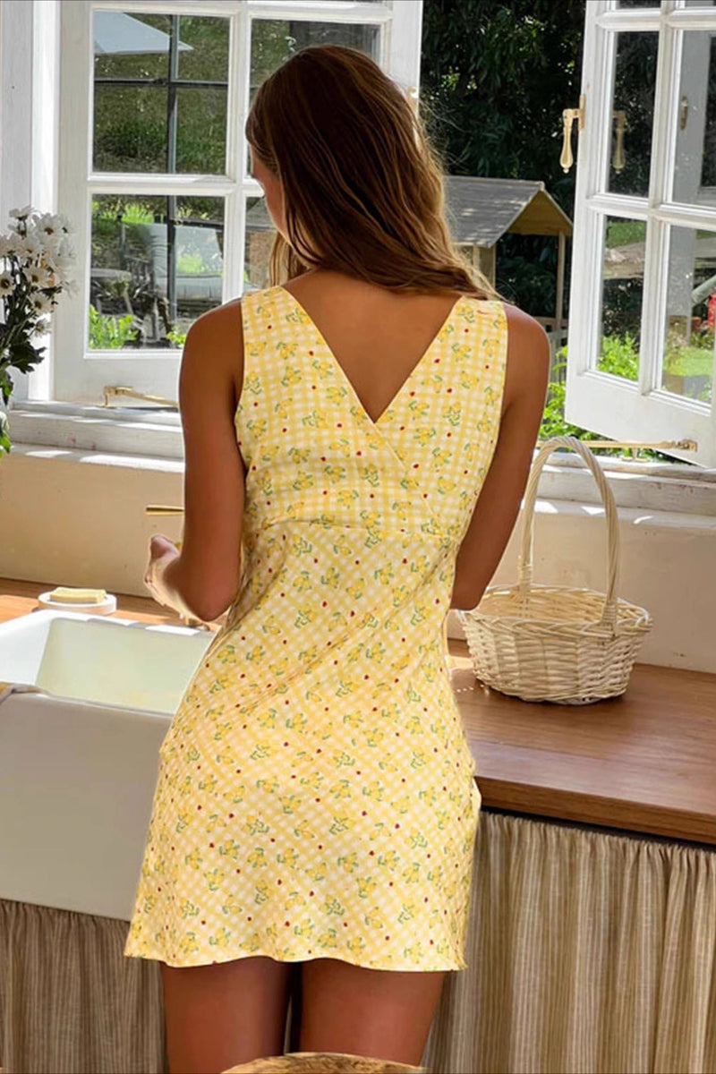Plaid Floral Print V Neck A Line Mini Dress