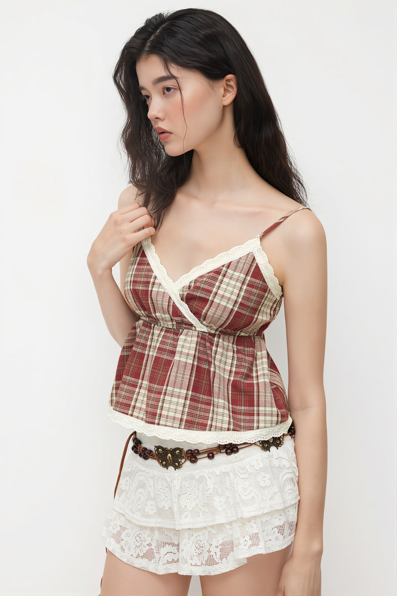 Plaid Lace Halter Tank Top