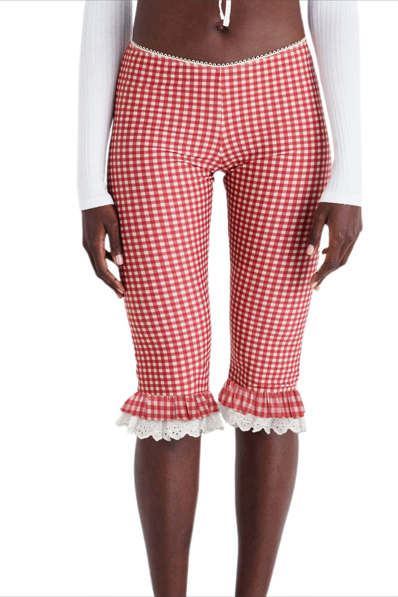 Plaid Lace Ruffle Cropped Skinny Pants