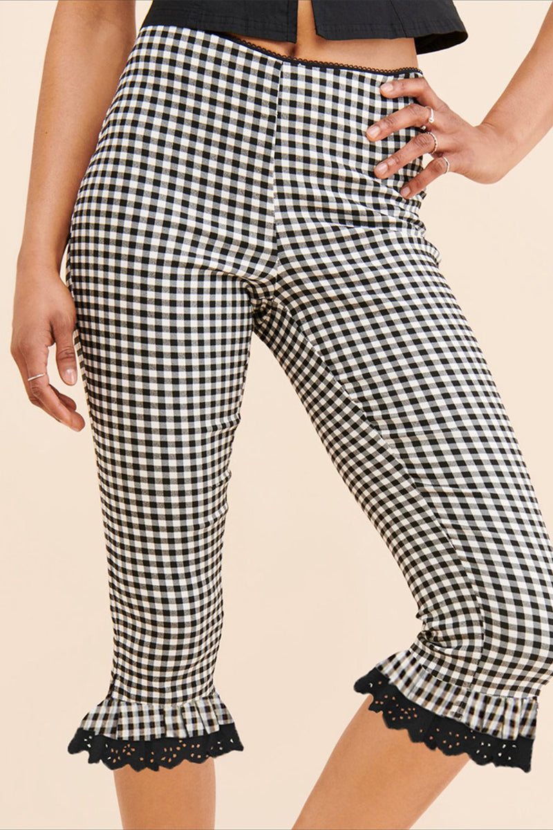 Plaid Lace Ruffle Cropped Skinny Pants