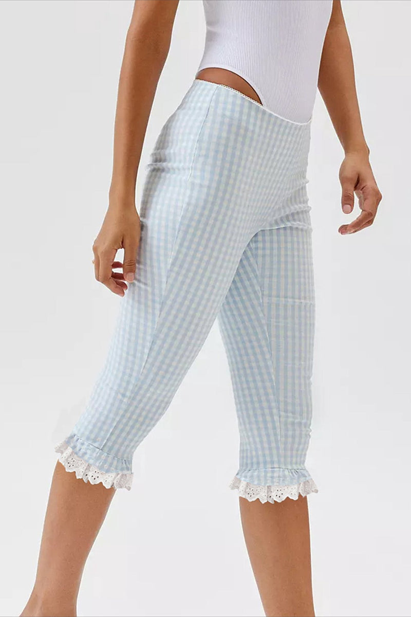 Plaid Lace Ruffle Cropped Skinny Pants