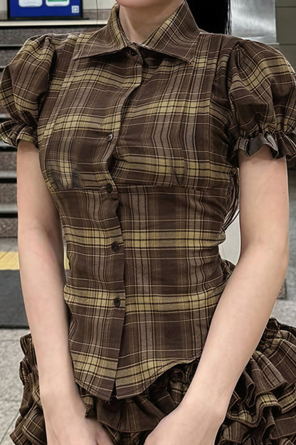 Plaid Lapel Button Puff Sleeve Ruched Blouse