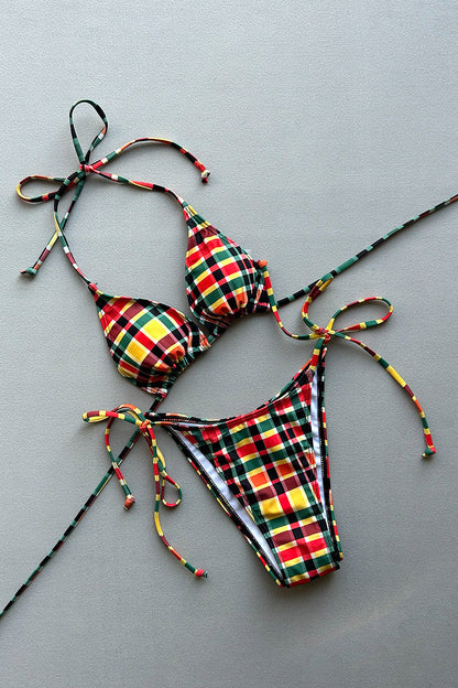 Plaid Nylon Triangle Bikini Set