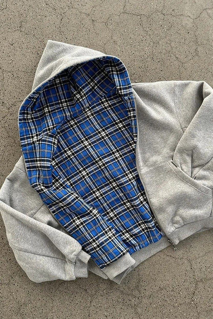 Plaid Patchwork Reversible Zip Hoodie
