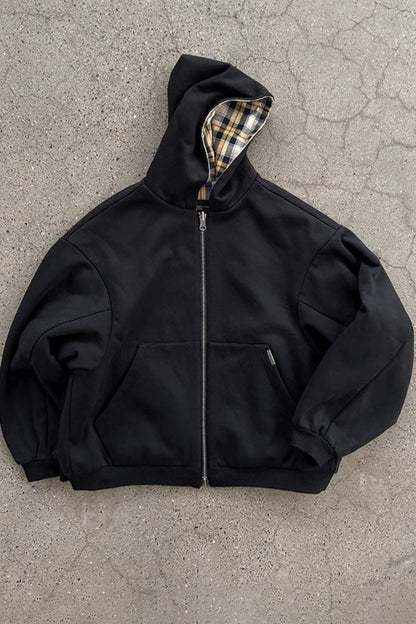 Plaid Patchwork Reversible Zip Hoodie